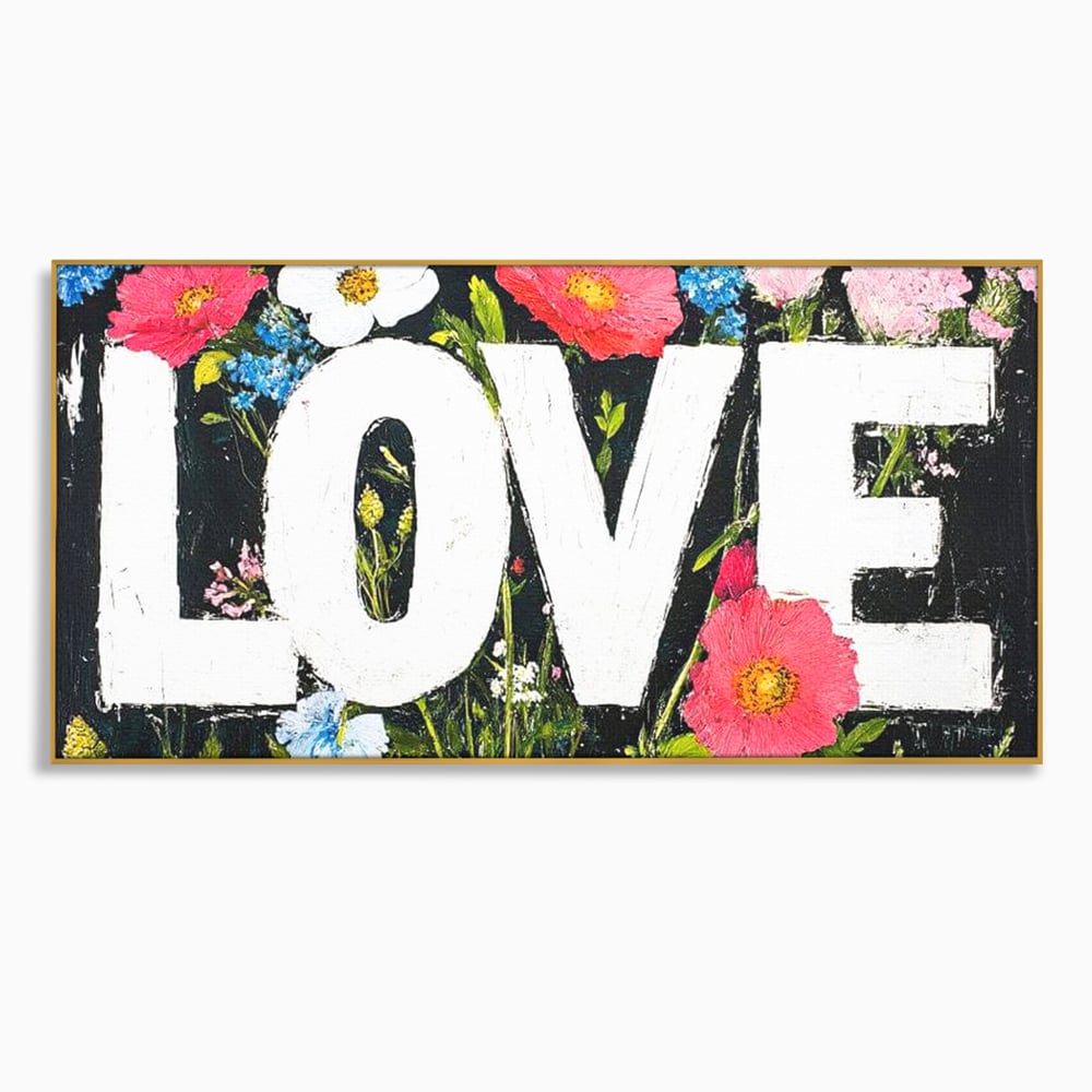 Tablou canvas cu tablou canvas cu flori si cuvantul love, in rama de aluminiu auriu